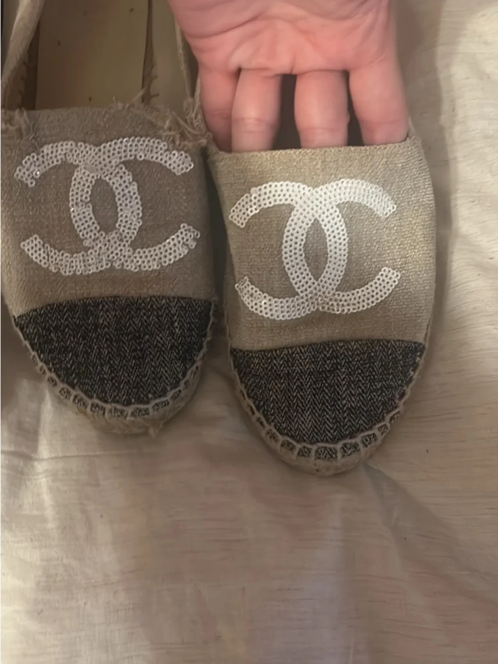 CHANEL Beige Sequin CC Espadrilles with Black Tweed Toe